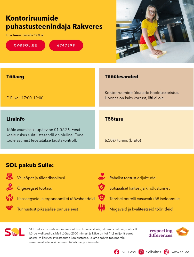SOL Baltics OÜ Kontoriruumide puhastusteenindaja Rakveres