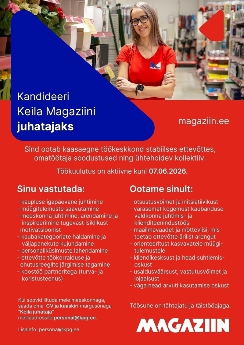 KPG Kaubanduse OÜ Kaupluse juhataja Keila Magaziin
