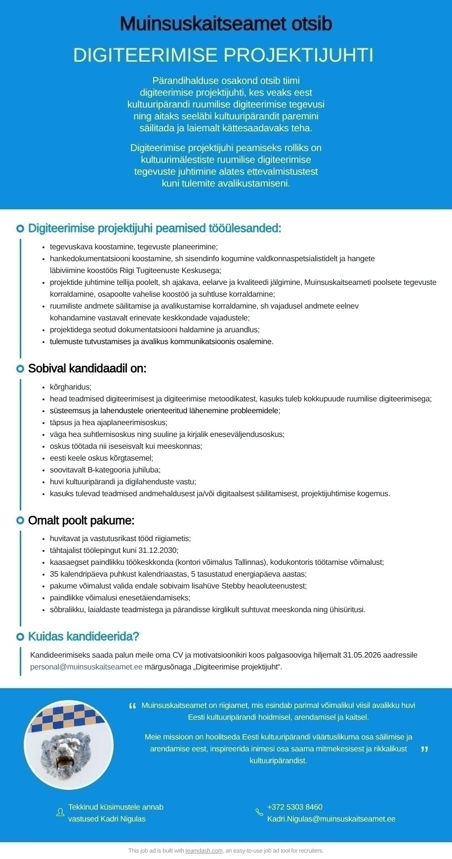 Muinsuskaitseamet Digiteerimise projektijuht