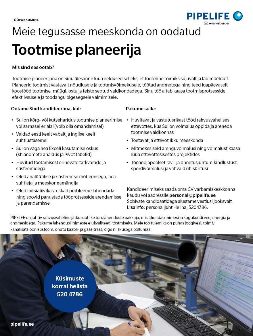 Pipelife Eesti AS Tootmise planeerija