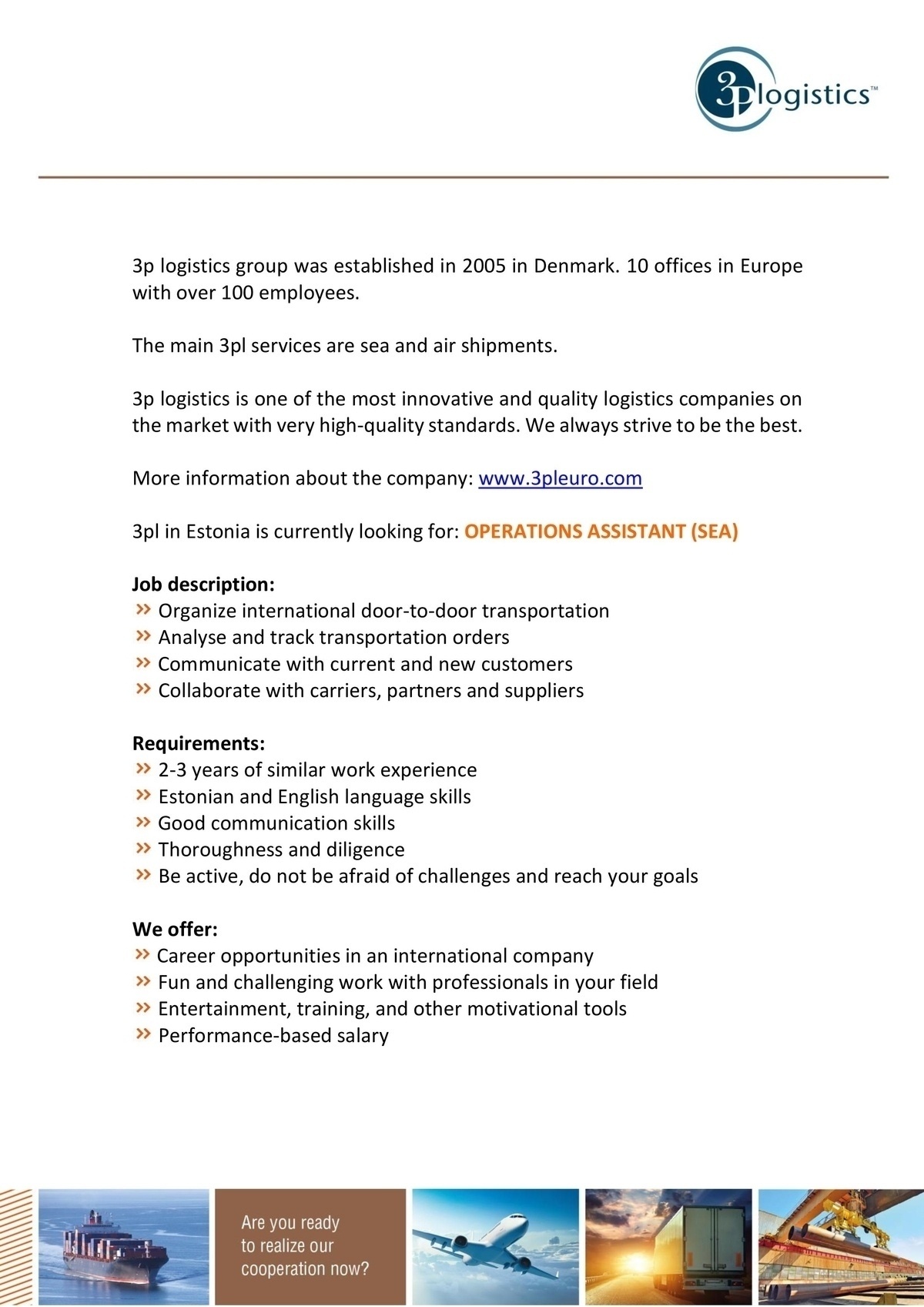 3P LOGISTICS OÜ Operations Assistant (sea)