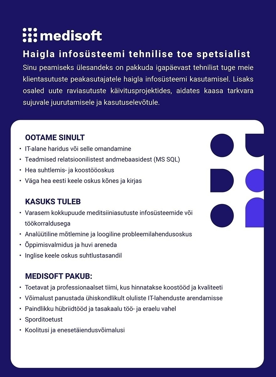 Medisoft AS Haigla infosüsteemi tehnilise toe spetsialist