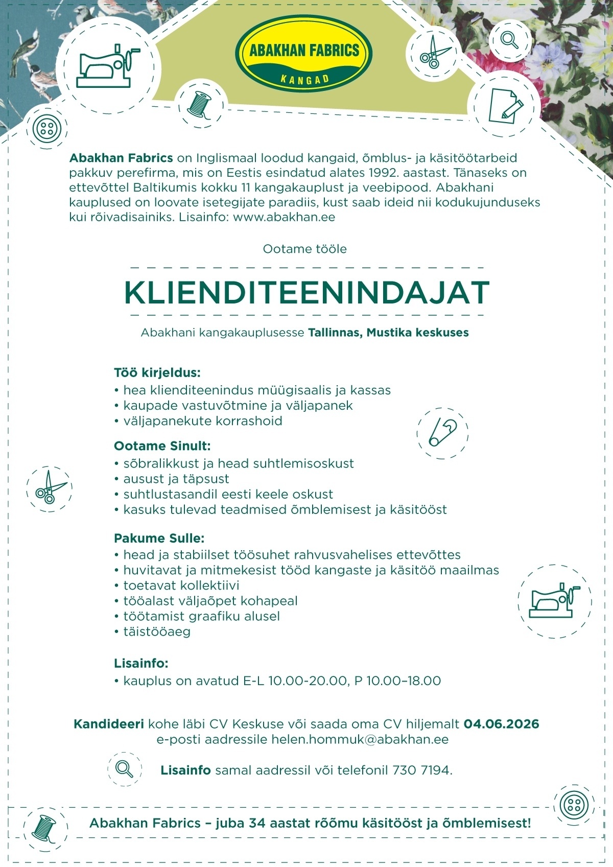 Abakhan Fabrics Eesti AS Klienditeenindaja Abakhani Mustika kauplusesse