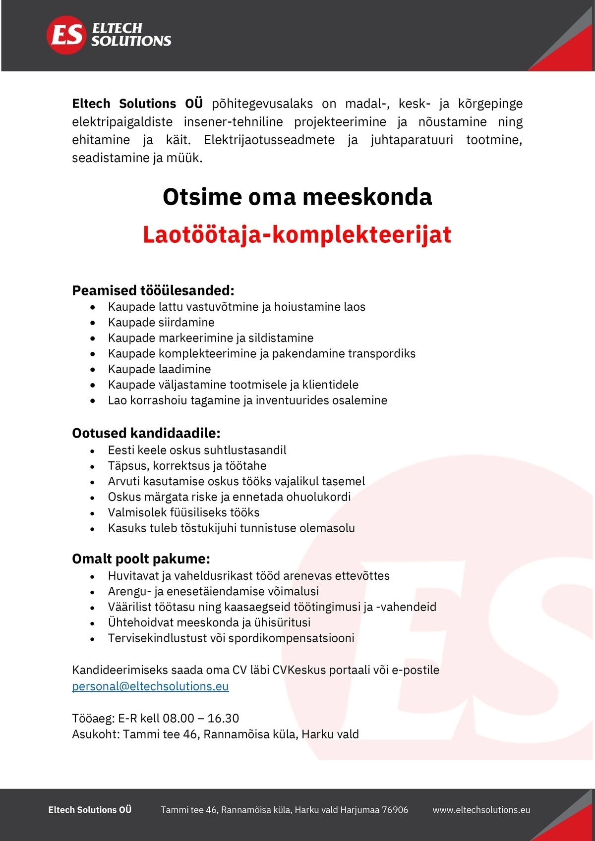 Eltech Solutions OÜ Laotöötaja-komplekteerija