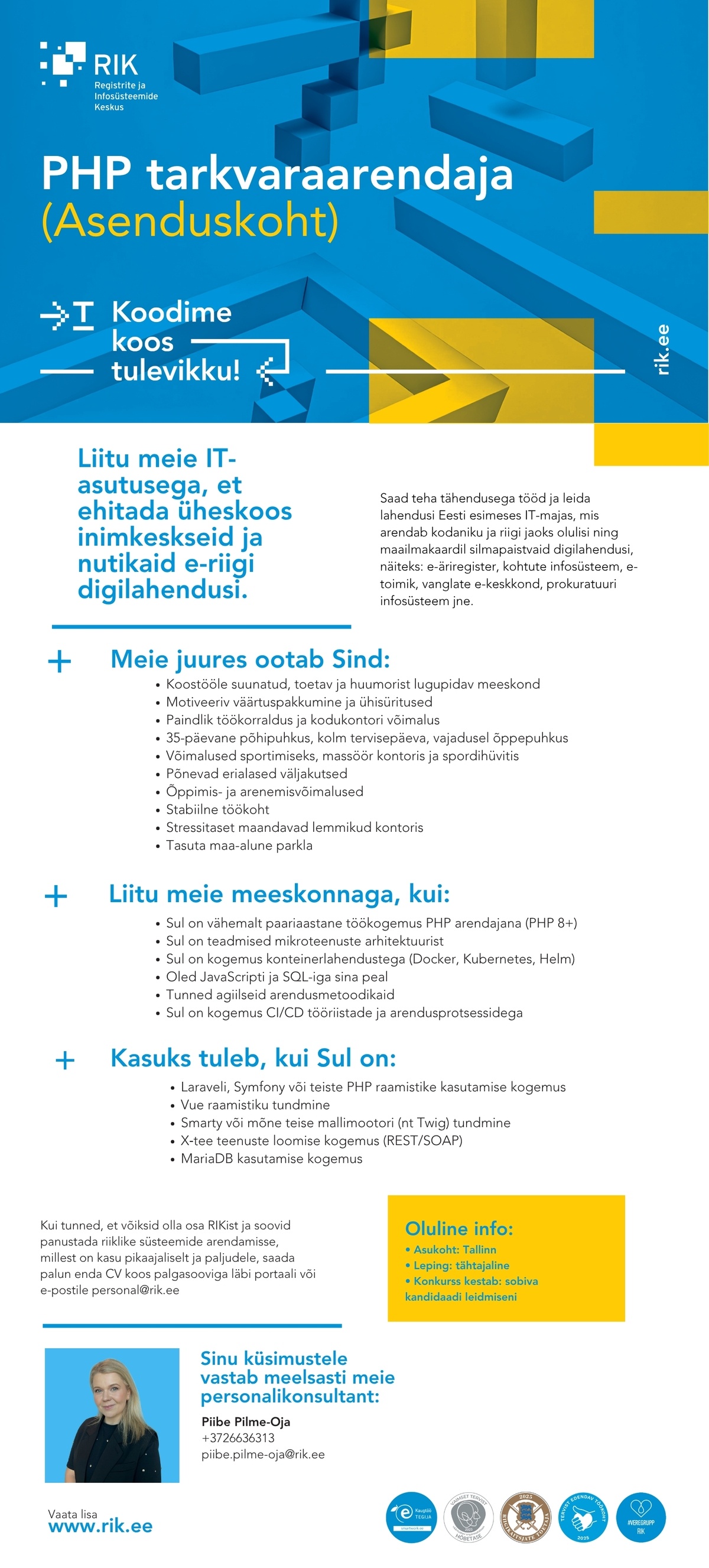 Registrite ja Infosüsteemide Keskus PHP tarkvaraarendaja (Asenduskoht)