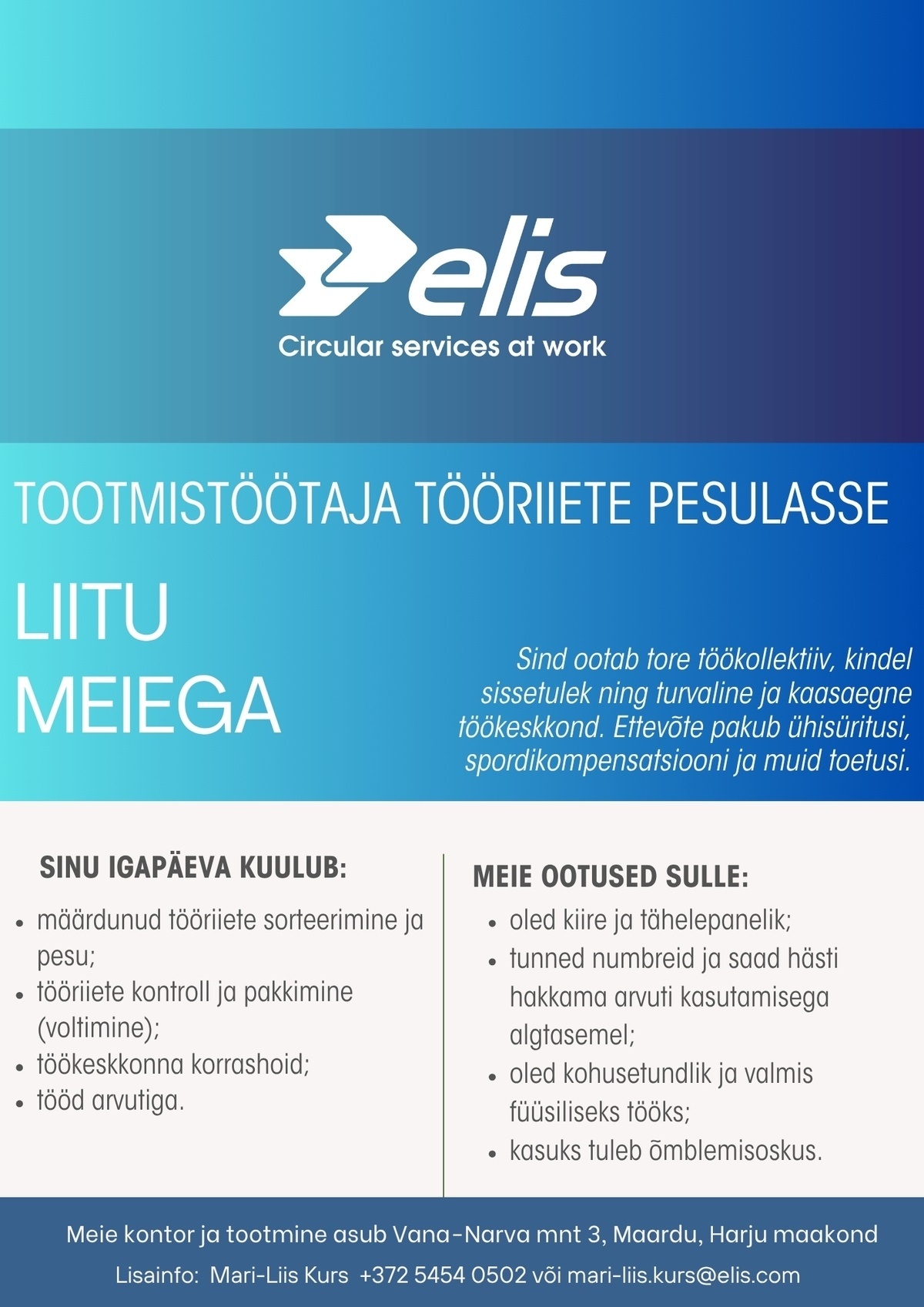 Elis Textile Service AS Tootmistöötaja tööriiete pesulasse!