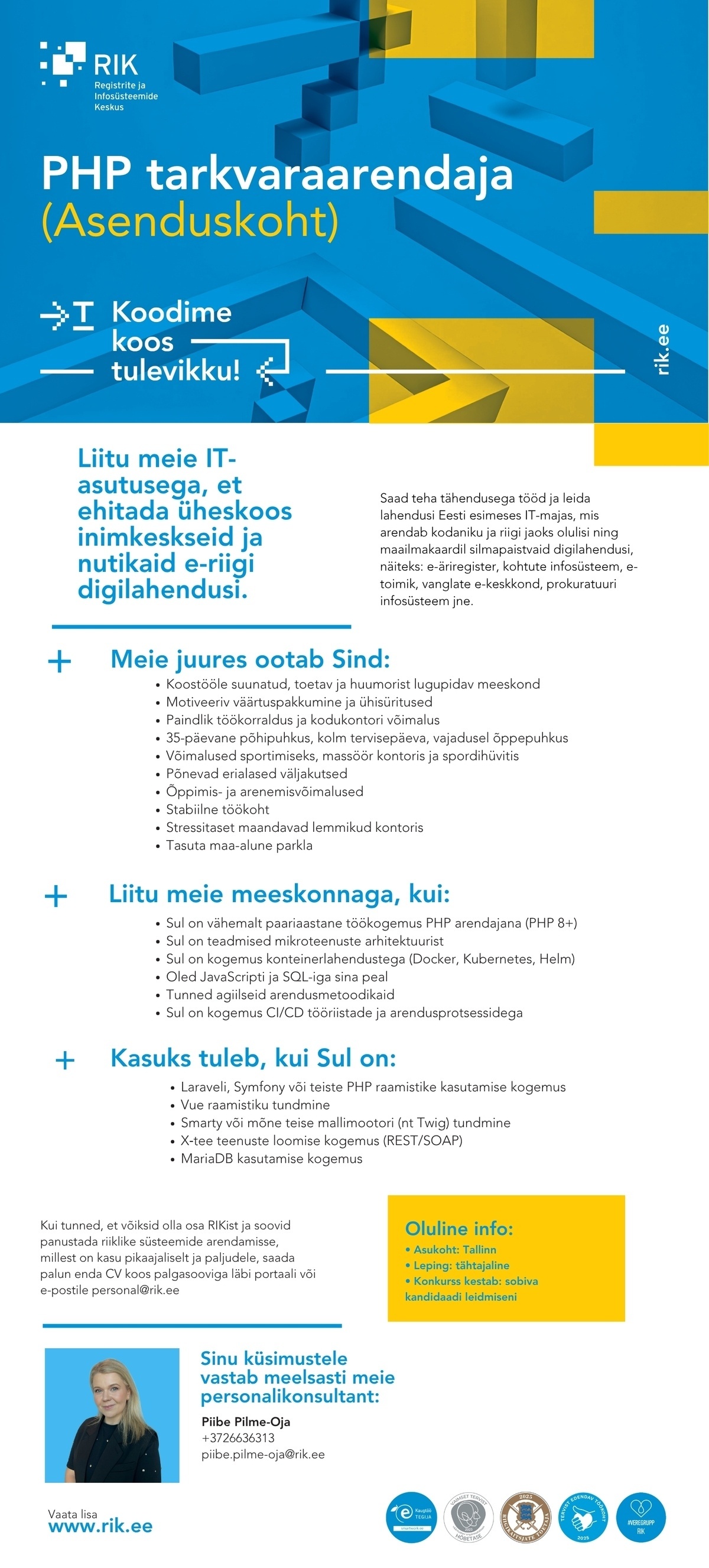 Registrite ja Infosüsteemide Keskus PHP tarkvaraarendaja (Asenduskoht)