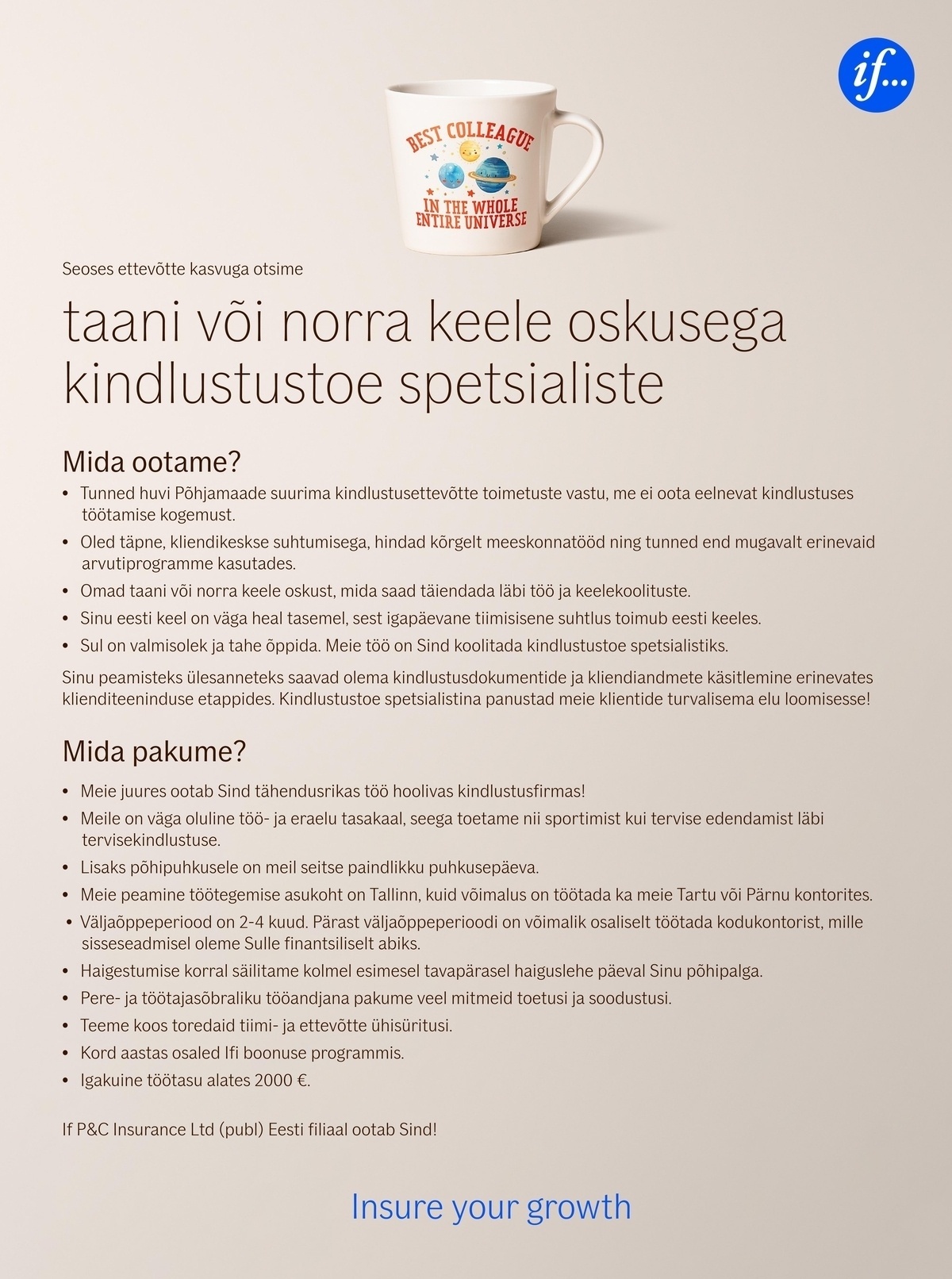 If P&C Insurance Ltd (publ) Branch Estonia Taani või norra keele oskusega kindlustustoe spetsialist