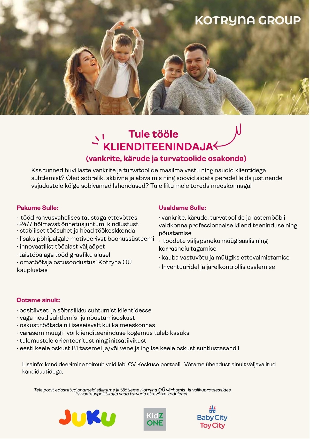 Kotryna OÜ Lõunakeskuse JUKU/BabyCity otsib klienditeenindajat vankre, kärude ja turvatoolide osakonda