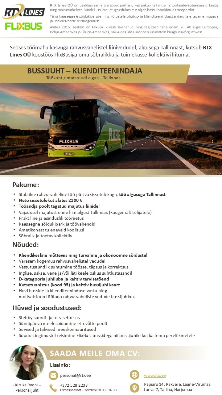 RTX Lines OÜ Rahvusvahelise liiniveo bussijuht (Juuni 2026 - tööle asumine)