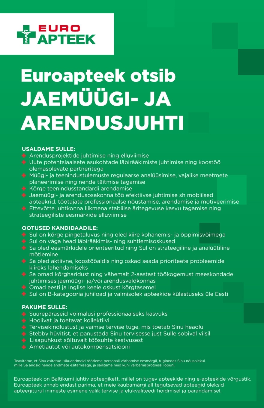Euroapteek OÜ Jaemüügi- ja arendusjuht