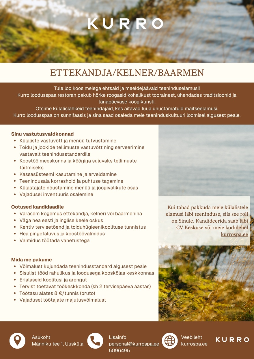 Loodusspaahotell OÜ Ettekandja/Kelner/Baarmen