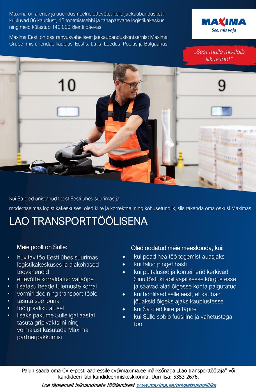 Maxima Eesti OÜ Lao Transporttöötaja Maxima Logistikakeskuses
