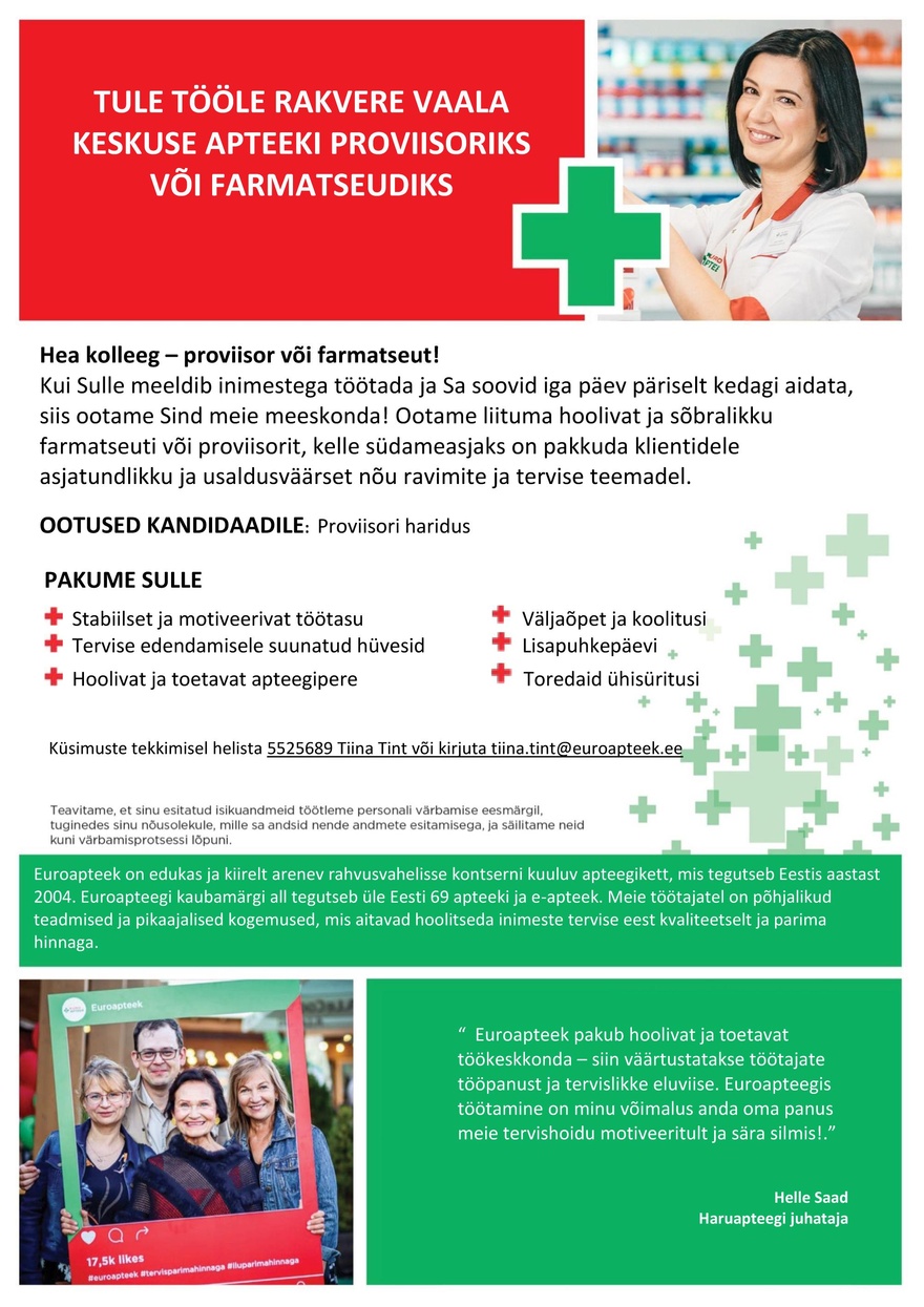 Euroapteek OÜ Rakvere Vaala Keskuse proviisor või farmatseut