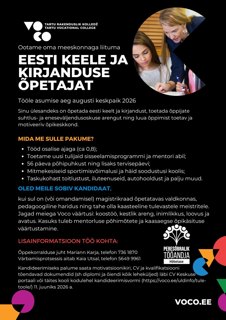 Tartu Rakenduslik Kolledž Eesti keele ja kirjanduse õpetaja