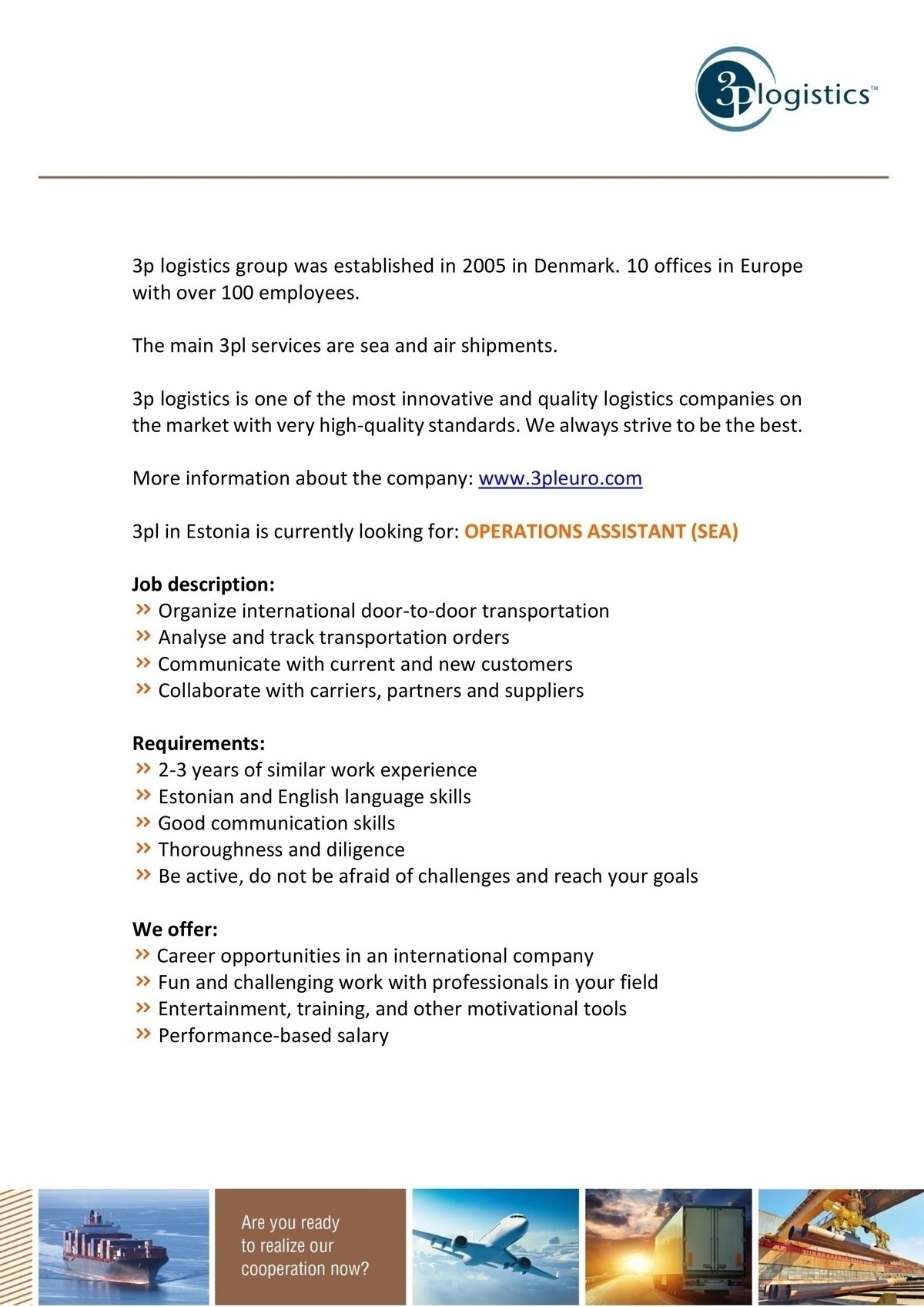 3P LOGISTICS OÜ Operations Assistant (sea)