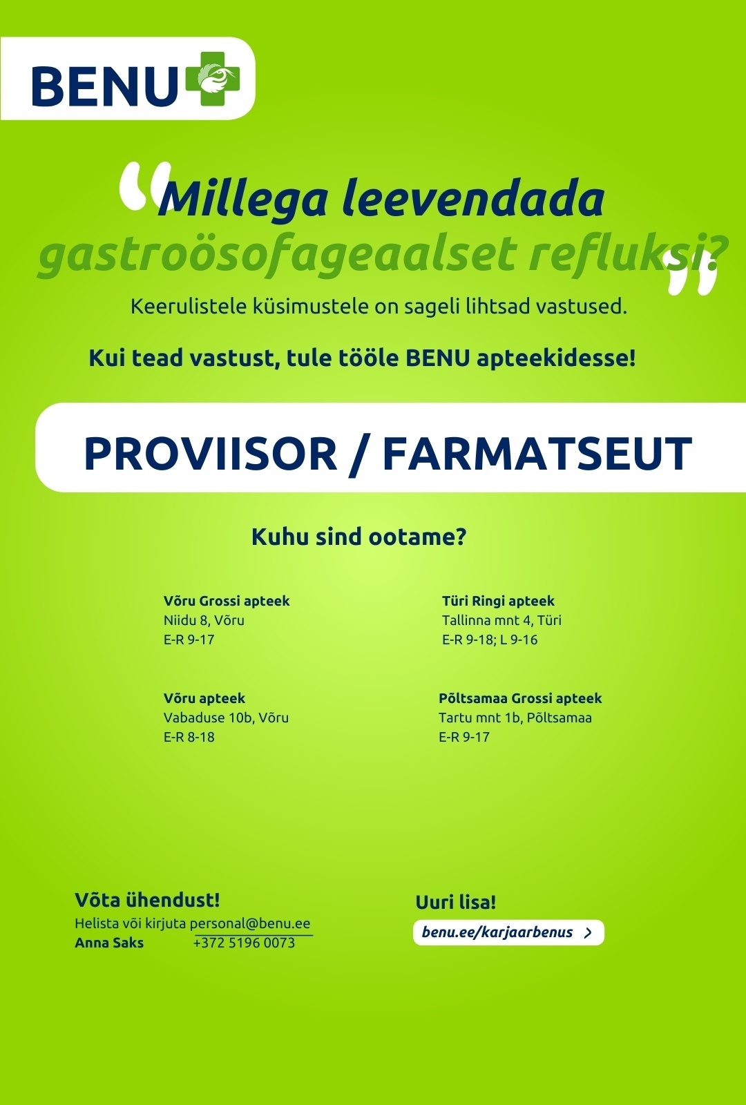 BENU Apteegid Proviisor/farmatseut BENU apteekidesse