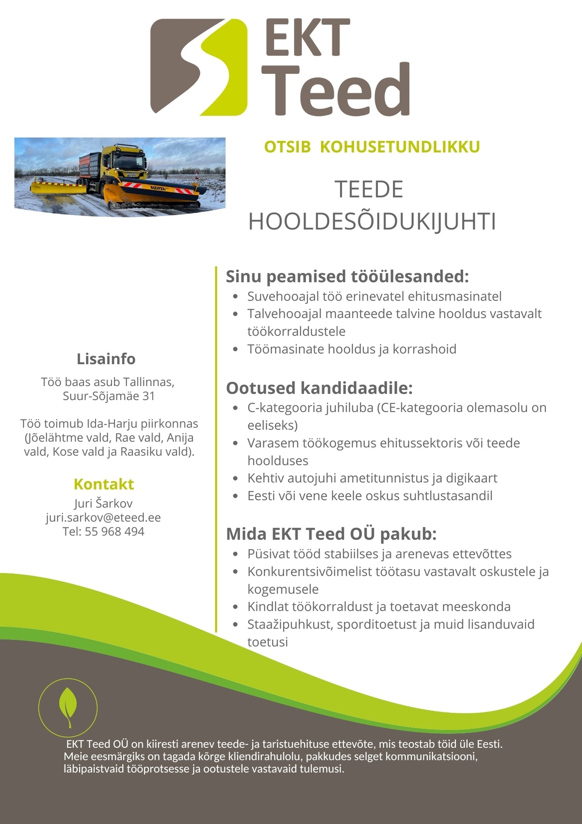 EKT Teed OÜ Teede hooldesõidukijuht