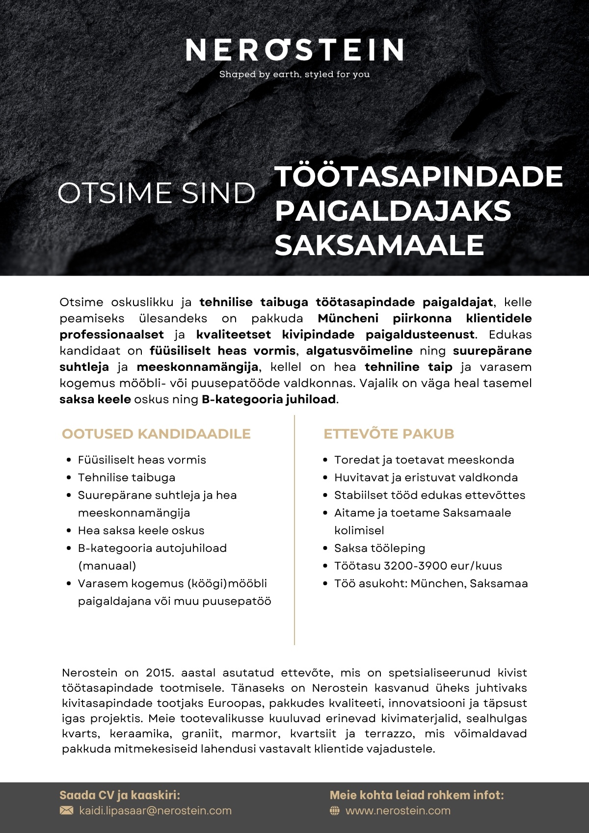 NEROSTEIN OÜ Töötasapindade paigaldaja Saksamaale