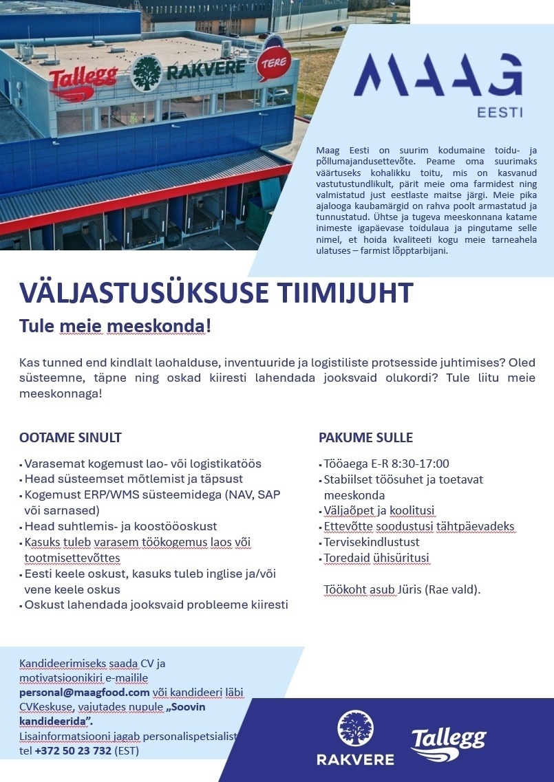 Maag Eesti AS Väljastusüksuse tiimijuht