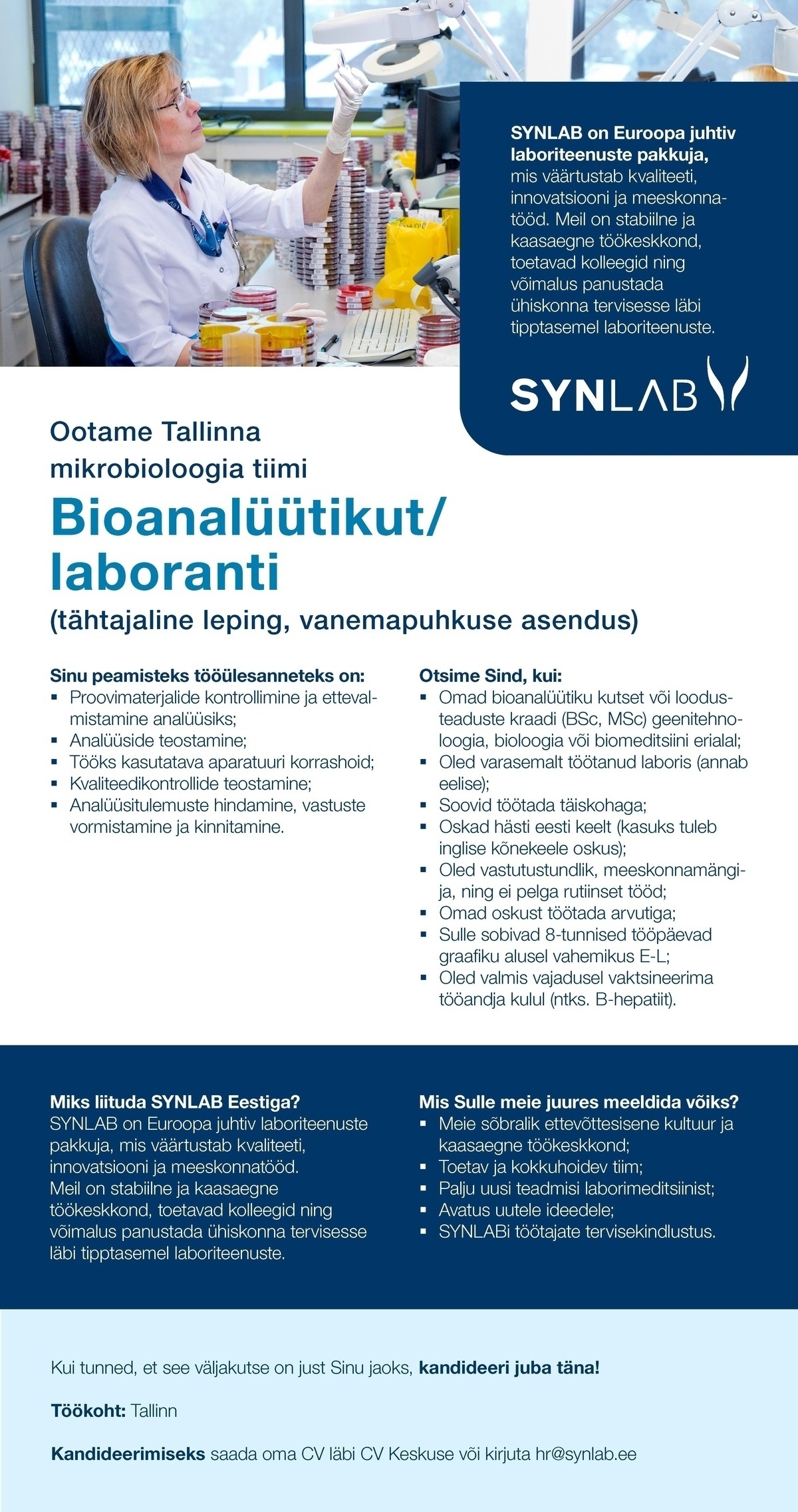 SYNLAB Eesti OÜ Bioanalüütik/laborant (mikrobioloogia)