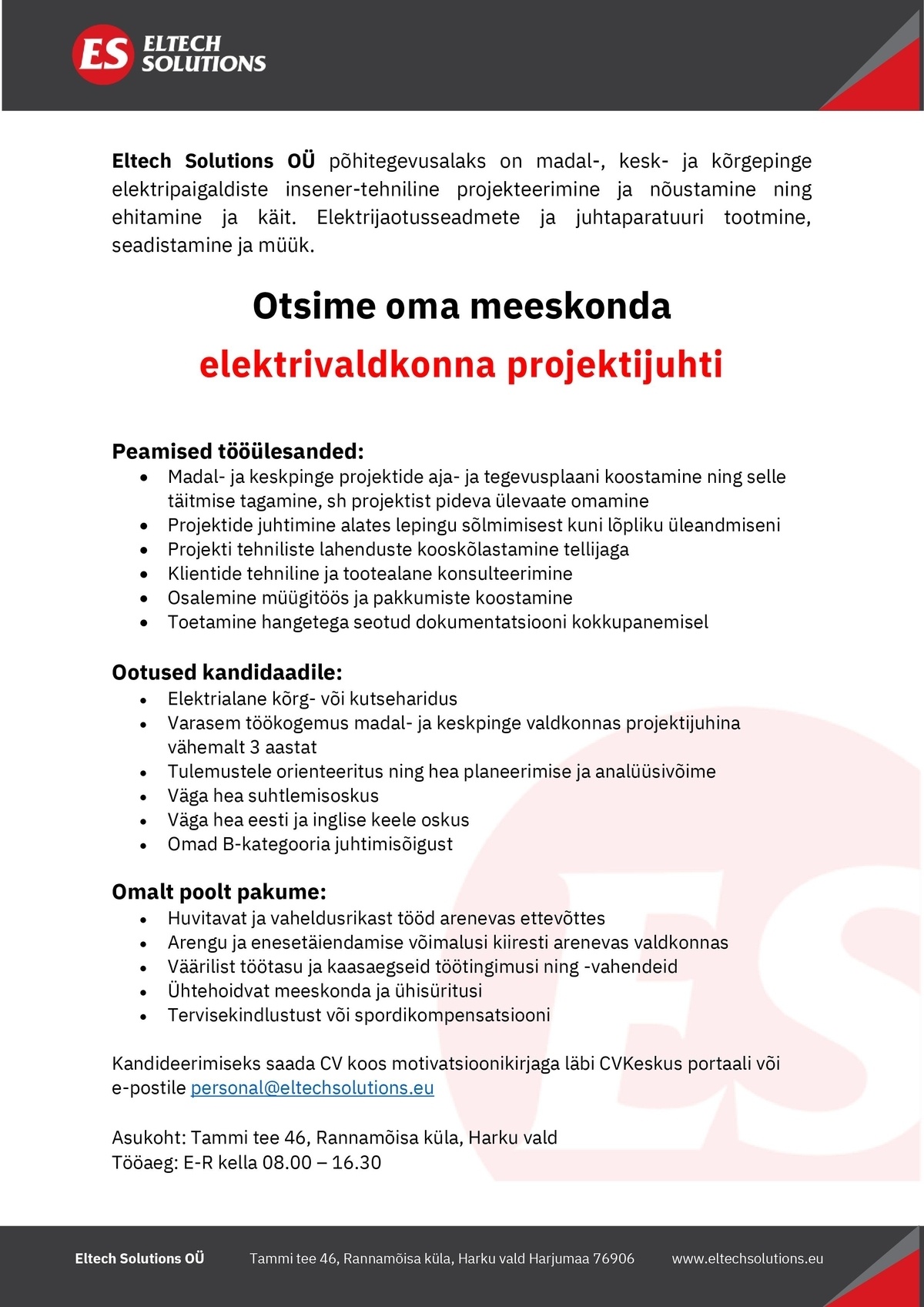 Eltech Solutions OÜ Elektrivaldkonna projektijuht