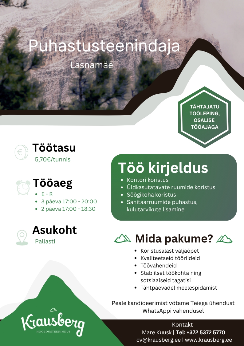 Krausberg Eesti OÜ Puhastusteenindaja Pallasti (õhtune, osaline tööaeg)