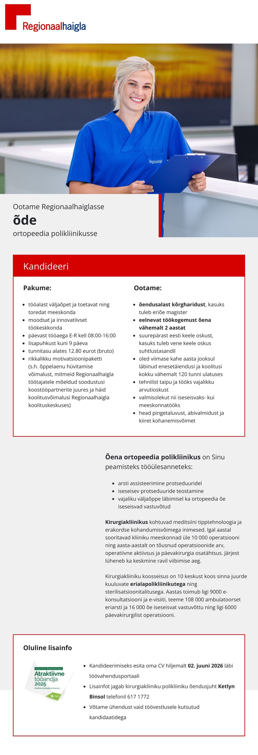 Põhja-Eesti Regionaalhaigla Õde ortopeedia polikliinikusse