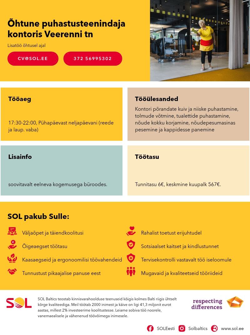 SOL Baltics OÜ Õhtune puhastusteenindaja kontoris Veerenni tn