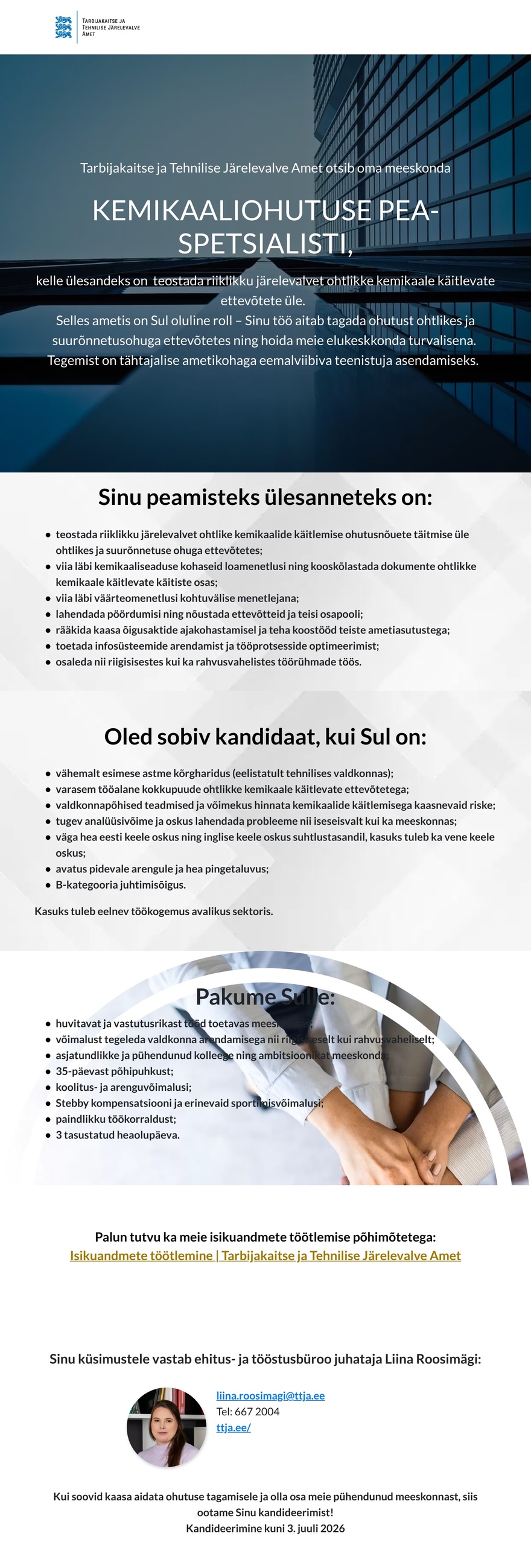 Tarbijakaitse ja Tehnilise Järelevalve Amet Kemikaaliohutuse peaspetsialist