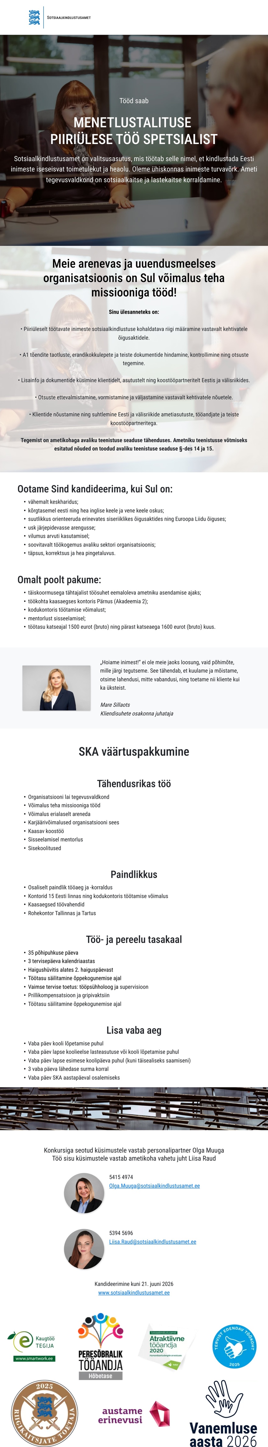 Sotsiaalkindlustusamet Menetlustalituse spetsialist (piiriülene töö)