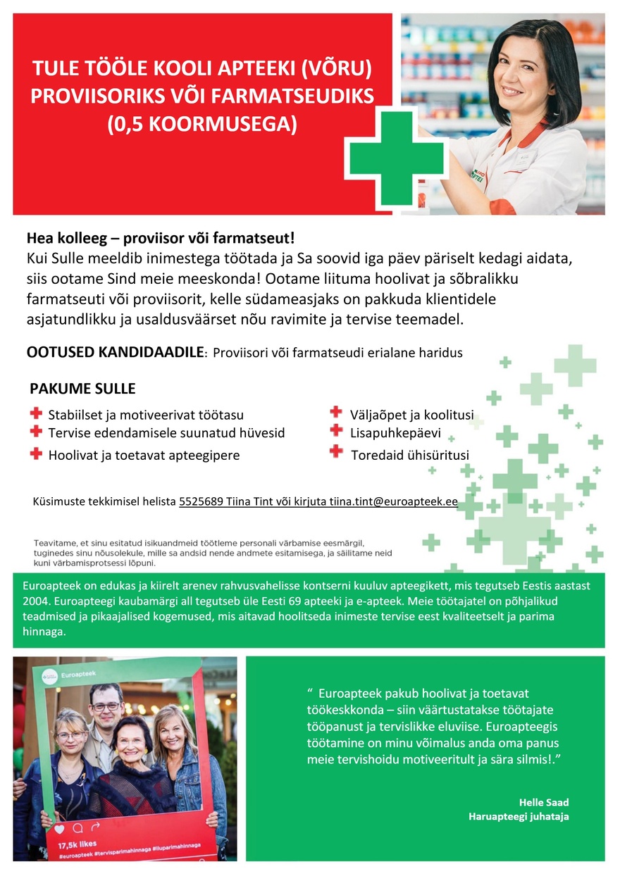 Euroapteek OÜ Võru Kooli apteegi proviisor või farmatseut osakoormusega (0,5 koormusega)
