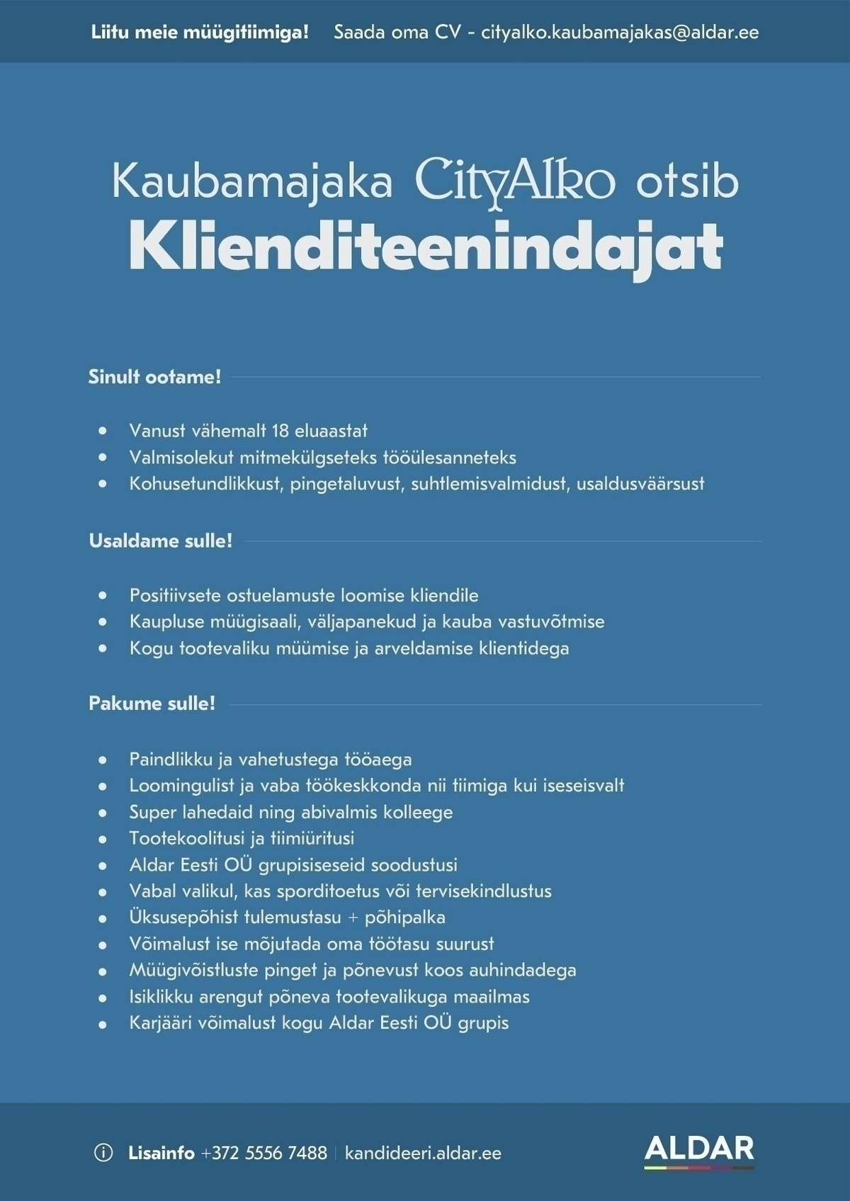 Aldar Eesti OÜ Klienditeenindaja Kaubamajaka CityAlkosse