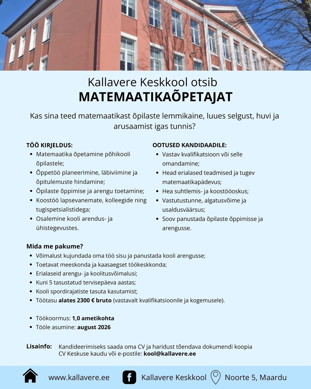 Kallavere Keskkool Matemaatikaõpetaja