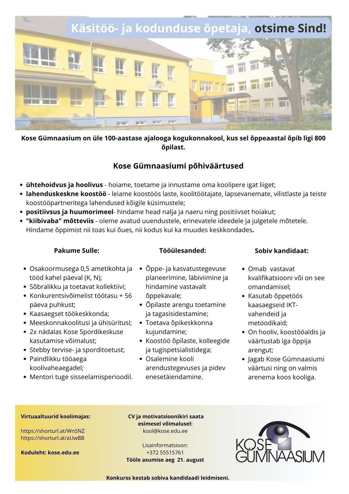 KOSE GÜMNAASIUM Käsitöö- ja kodunduse õpetaja
