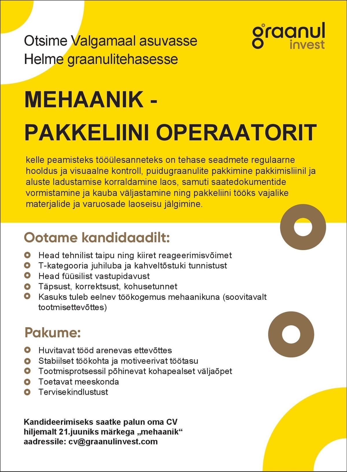 HELME GRAANUL OÜ Mehaanik - pakkeliini operaator