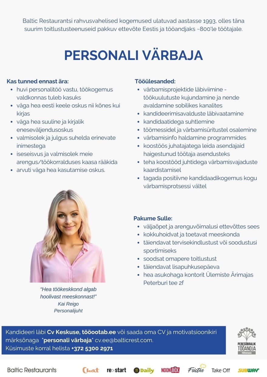 Baltic Restaurants Estonia AS Personali värbaja