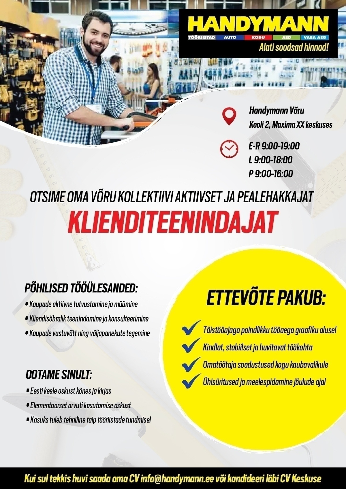 Handymann OÜ Klienditeenindaja Võru Handymannis (tähtajaline, lapsehoolduspuhkuse ajaks)