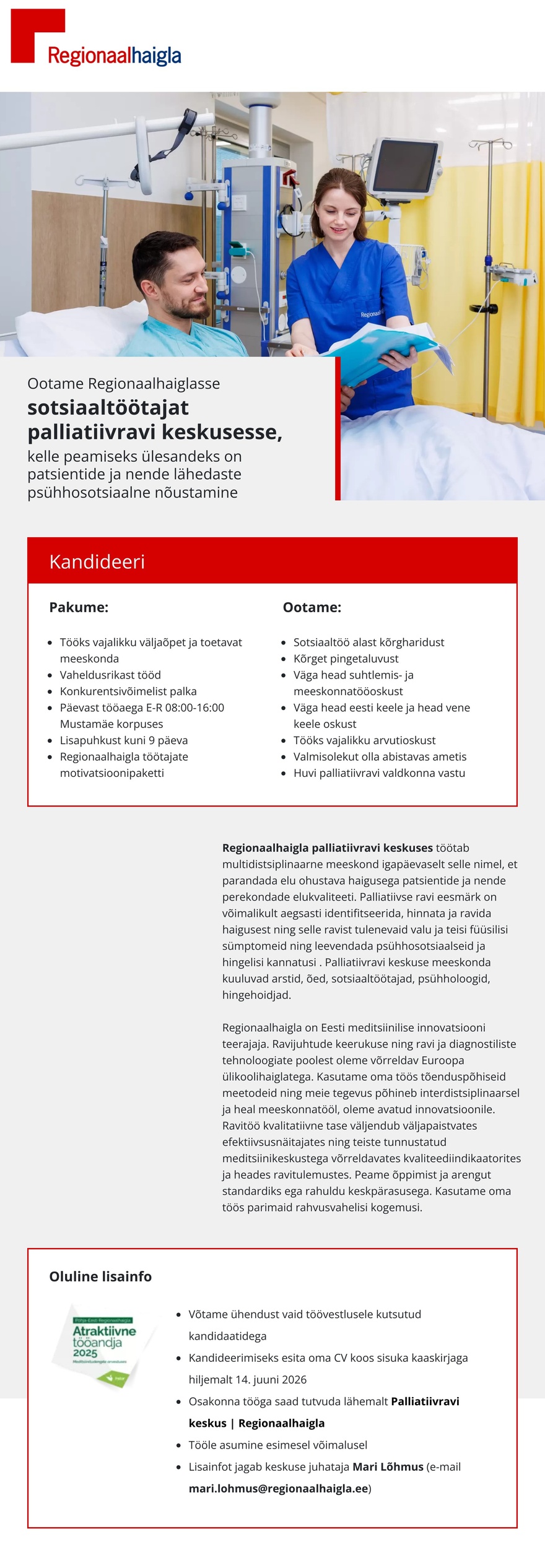 Põhja-Eesti Regionaalhaigla Sotsiaaltöötaja palliatiivravi keskusesse