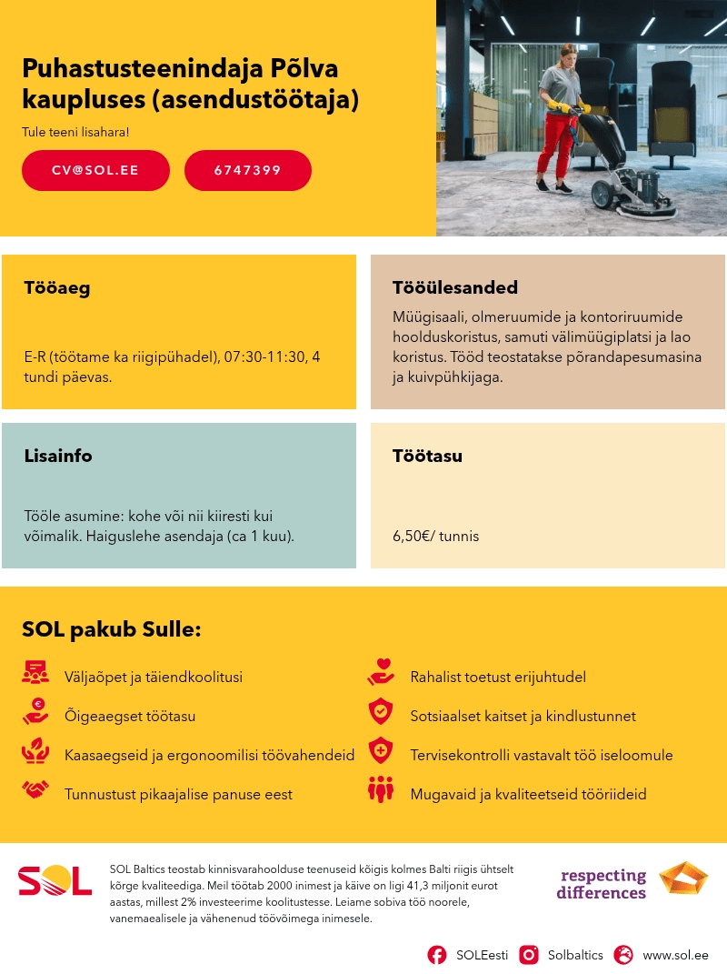 SOL Baltics OÜ Puhastusteenindaja Põlva kaupluses (asendustöötaja)