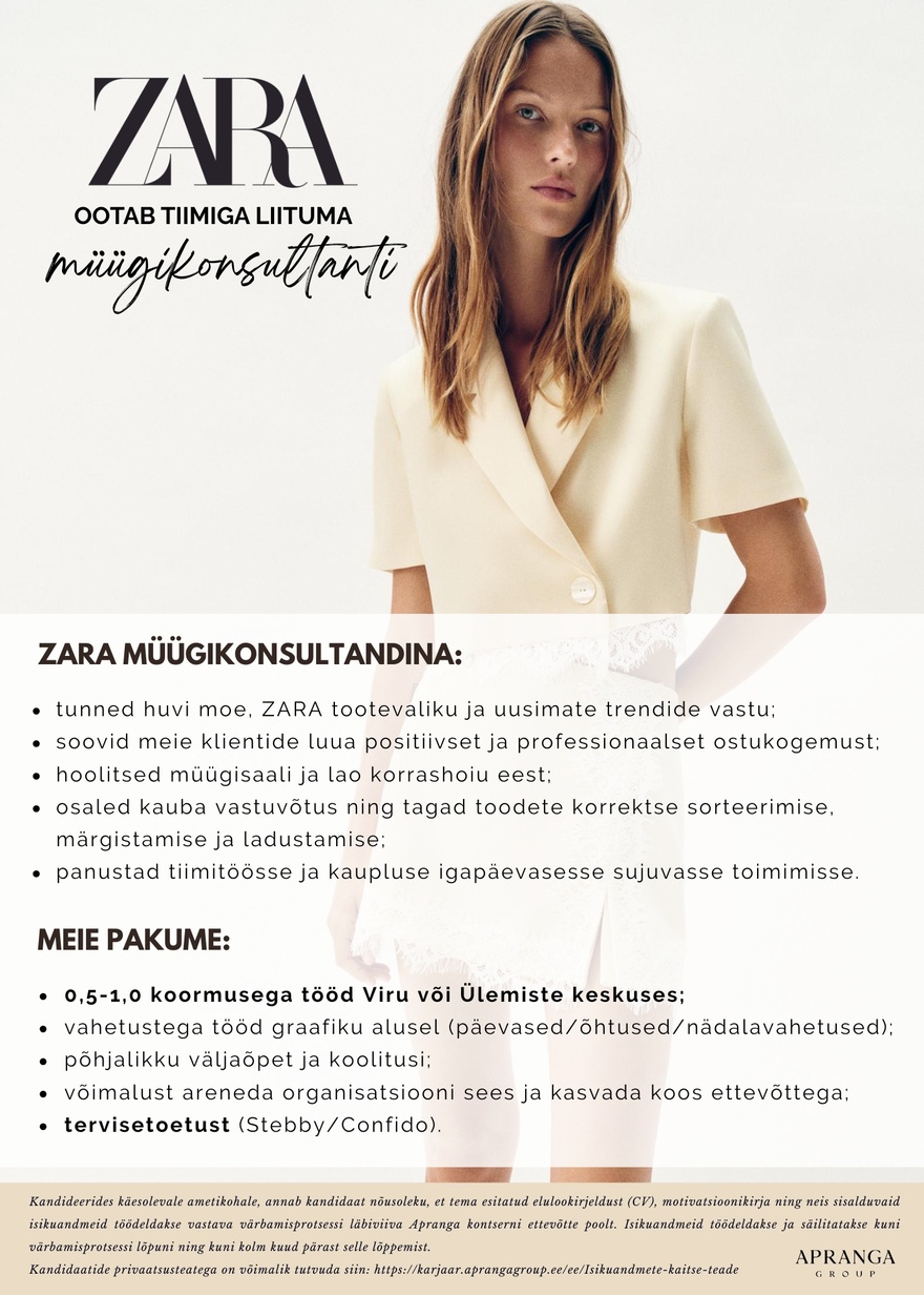 Apranga OÜ ZARA müügikonsultant