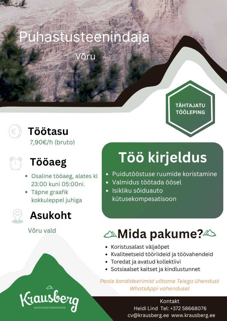 Krausberg Eesti OÜ Puhastusteenindaja, Võru (öötöö)