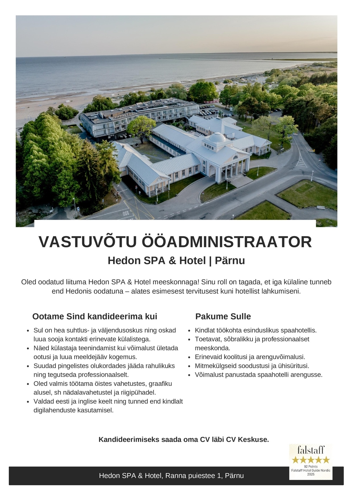 Supeluse Hotell OÜ Hedon SPA & HOTEL Vastuvõtu ööadministraator