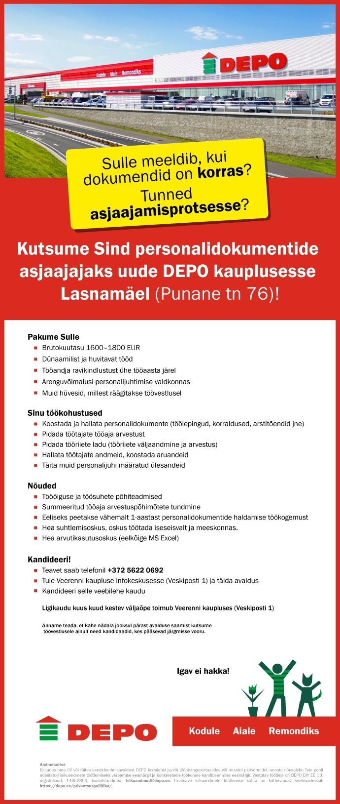 DEPO DIY EE OÜ Personalidokumentide asjaajaja, Lasnamäe (Punane tn 76)