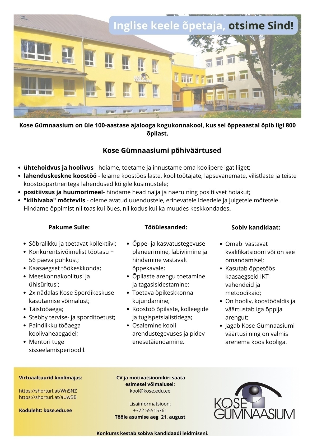 KOSE GÜMNAASIUM Inglise keele õpetaja