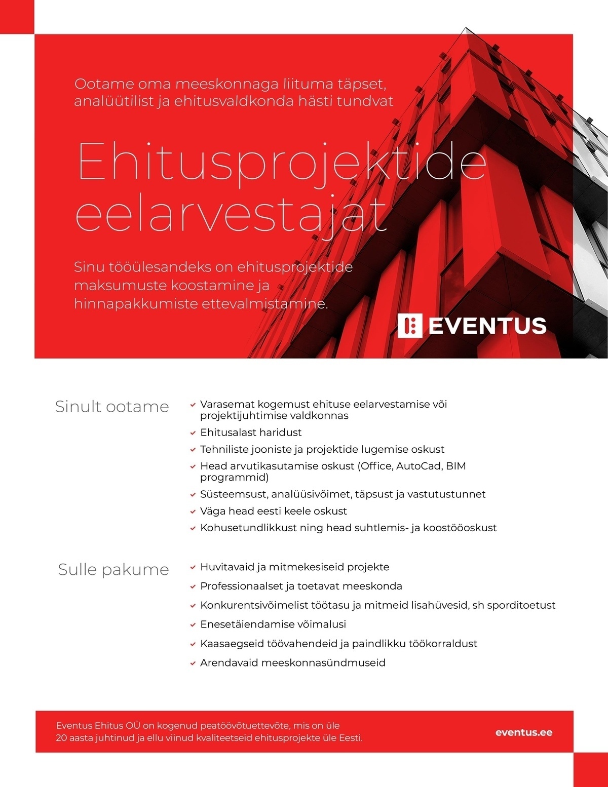 Eventus Ehitus OÜ EHITUSPROJEKTIDE EELARVESTAJA