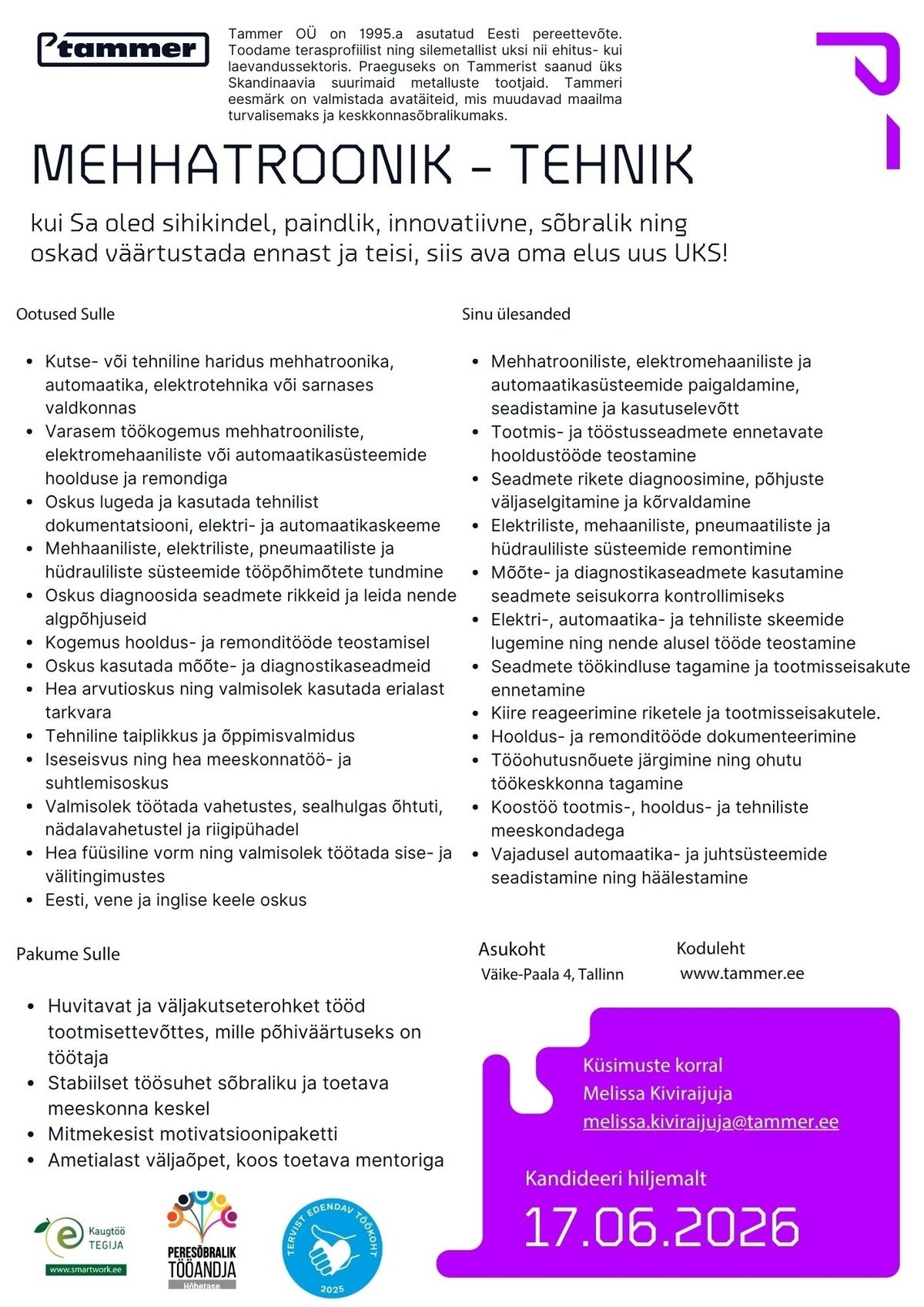 Tammer OÜ Mehhatroonik-tehnik
