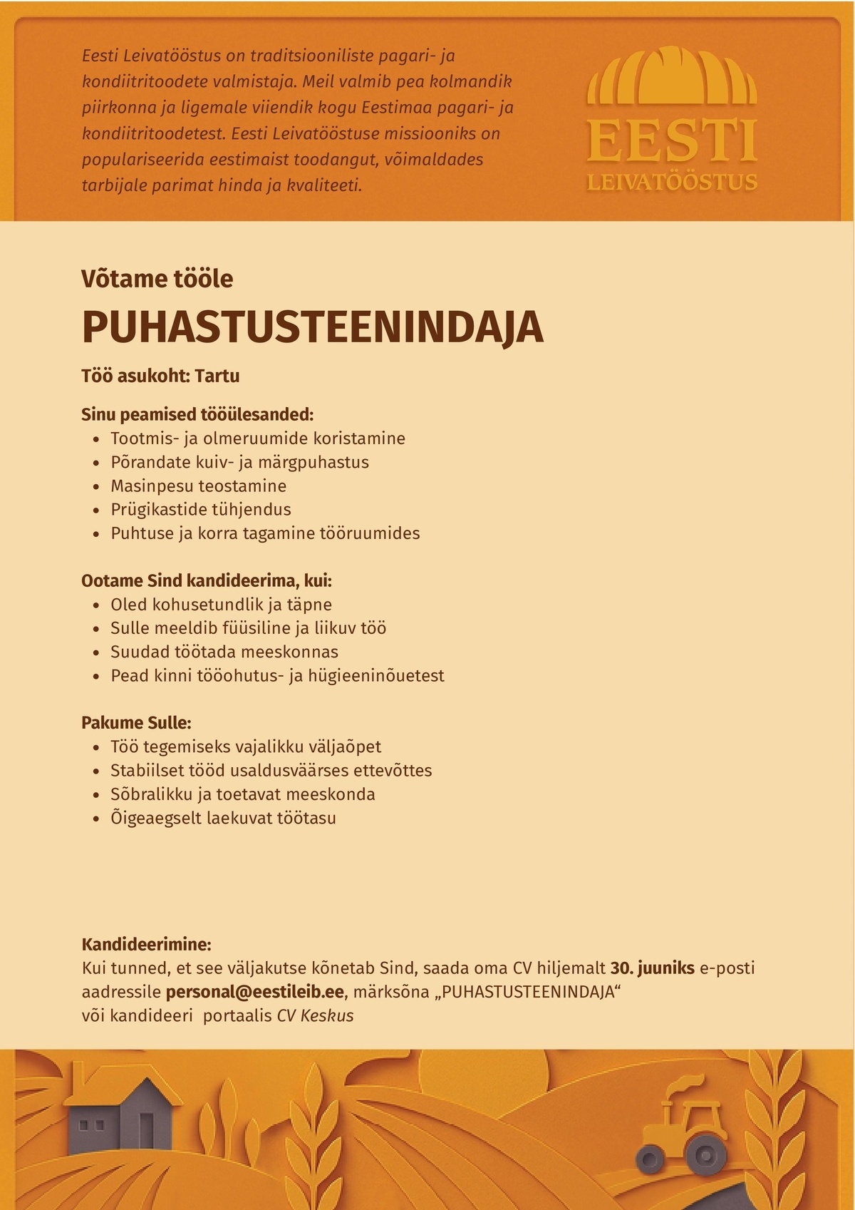 EESTI LEIVATÖÖSTUS AS PUHASTUSTEENINDAJA