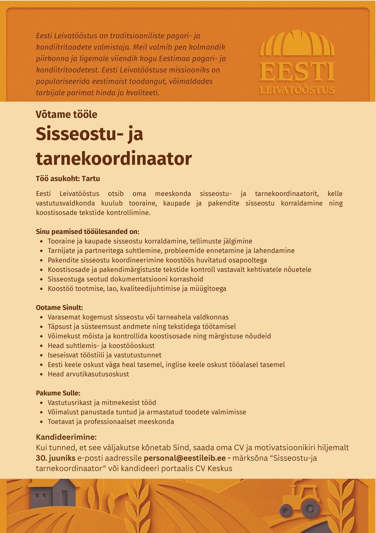 EESTI LEIVATÖÖSTUS AS SISSEOSTU- JA TARNEKOORDINAATOR