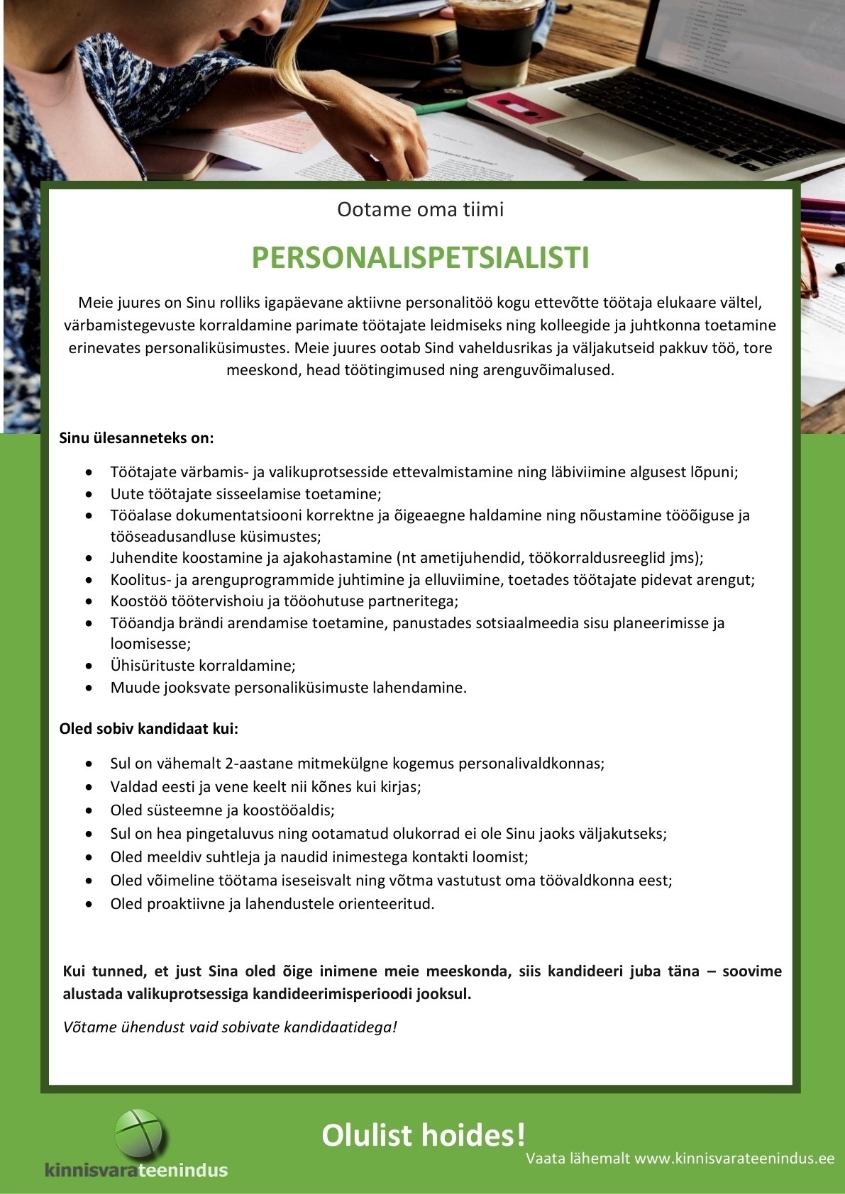 Kinnisvarateenindus OÜ Otsime aktiivset personalispetsialisti!